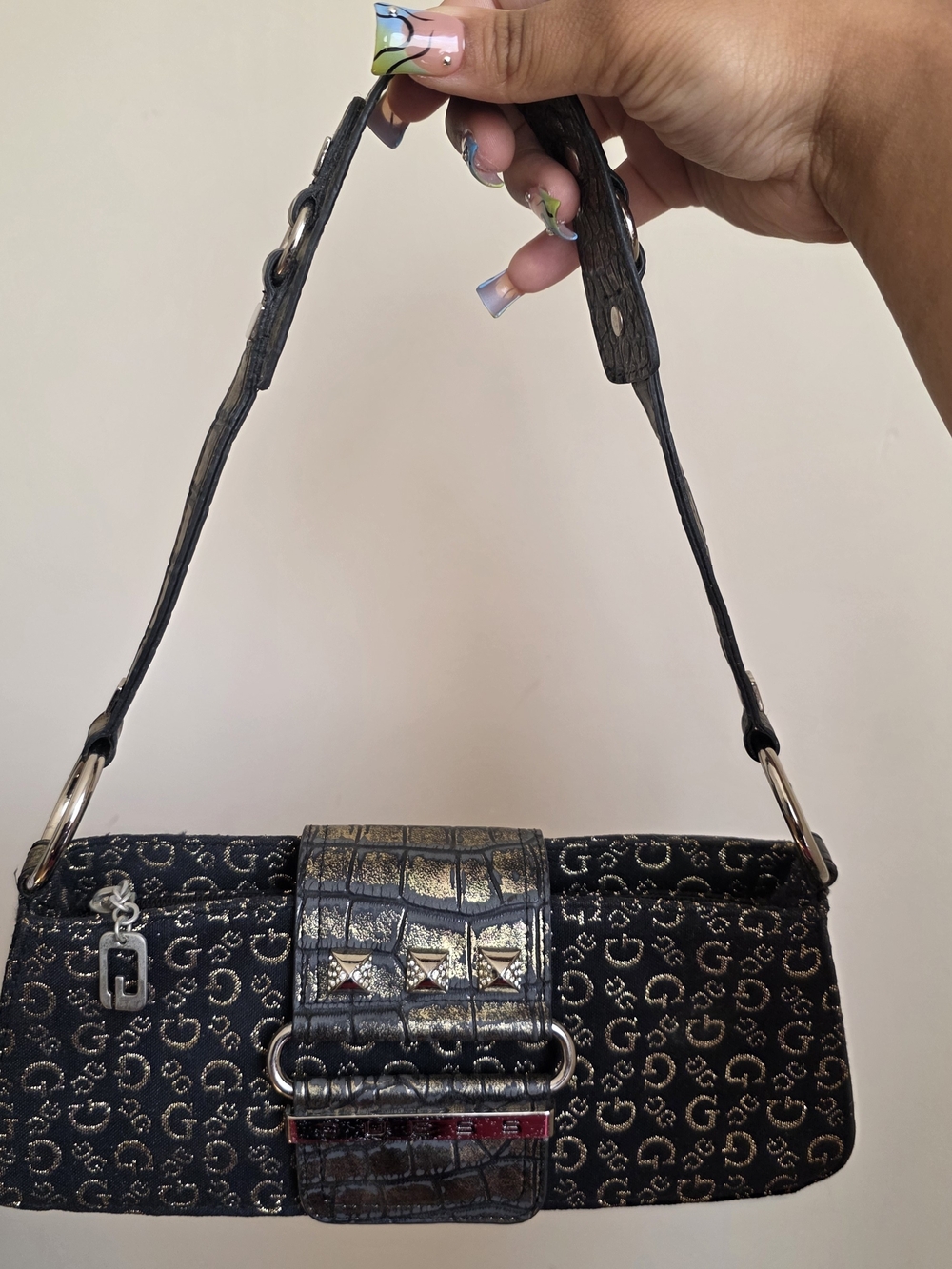 Y2k Vintage Guess Navy and Gold Monogram Shoulder Bag
